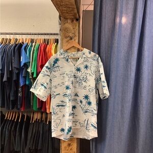 Vintage Tropical Print White and Blue Shirt